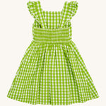 Frugi kids macaw gingam birds dress - GOTS organic cotton kids dress with green and white gingham, sleeveless with gentle ruffle with a back strap fastener and a elasticated waist band.