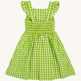 Frugi kids macaw gingam birds dress - GOTS organic cotton kids dress with green and white gingham, sleeveless with gentle ruffle with a back strap fastener and a elasticated waist band.