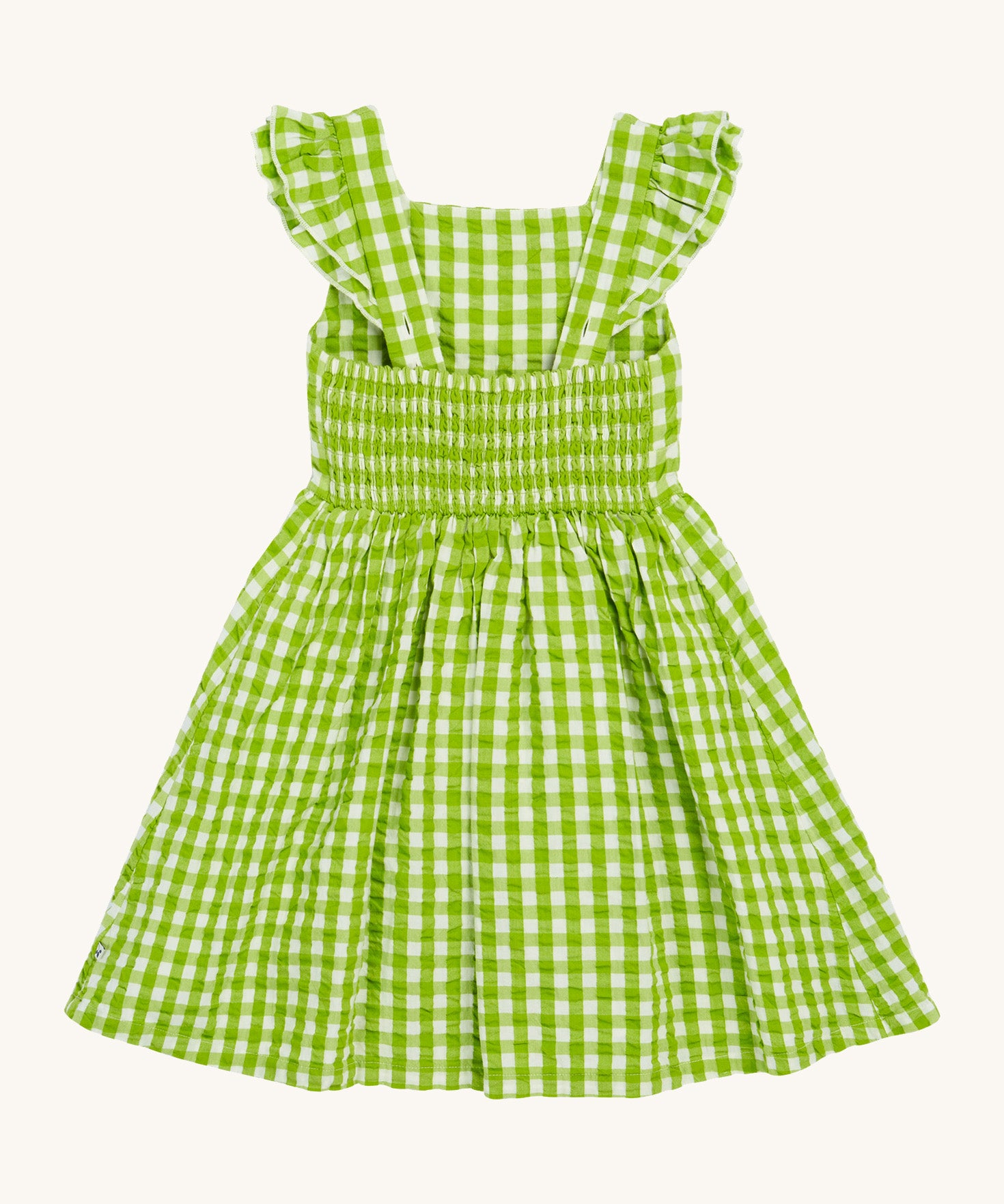 Frugi kids macaw gingam birds dress - GOTS organic cotton kids dress with green and white gingham, sleeveless with gentle ruffle with a back strap fastener and a elasticated waist band.