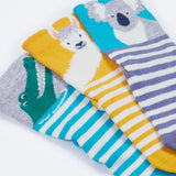 A close up of the Frugi kids wildlife socks. Showing the koala, llama and crocodile designs on the light blue , yellow and light grey cuff on striped organic cotton fabric