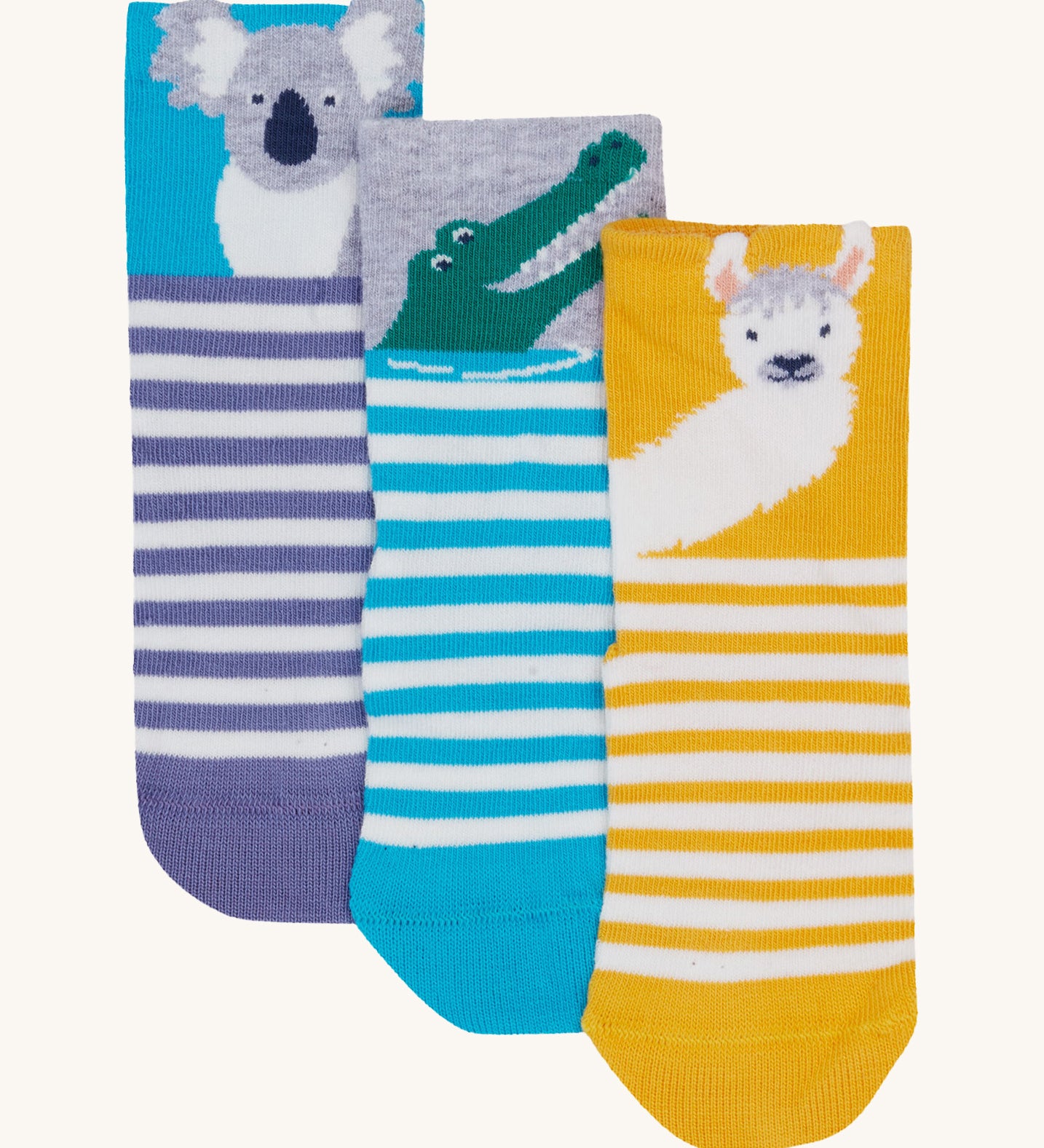 Frugi kids wildlife 3 pack socks - GOTS organic cotton kids socks which features a purple striped socks with a koala design on the cuff a blue striped sock with a crocodile design on the cuff and a yellow striped sock with a llama design on the cuff.