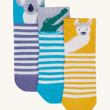 Frugi kids wildlife 3 pack socks - GOTS organic cotton kids socks which features a purple striped socks with a koala design on the cuff a blue striped sock with a crocodile design on the cuff and a yellow striped sock with a llama design on the cuff.