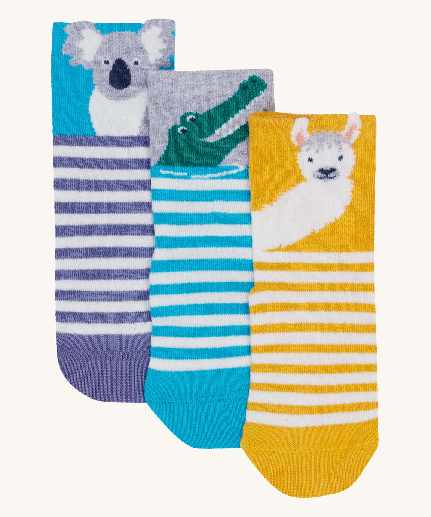 Frugi kids wildlife 3 pack socks - GOTS organic cotton kids socks which features a purple striped socks with a koala design on the cuff a blue striped sock with a crocodile design on the cuff and a yellow striped sock with a llama design on the cuff.