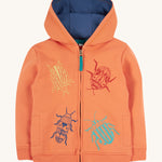 Frugi orange zip hoodie beetles design on a cream background.