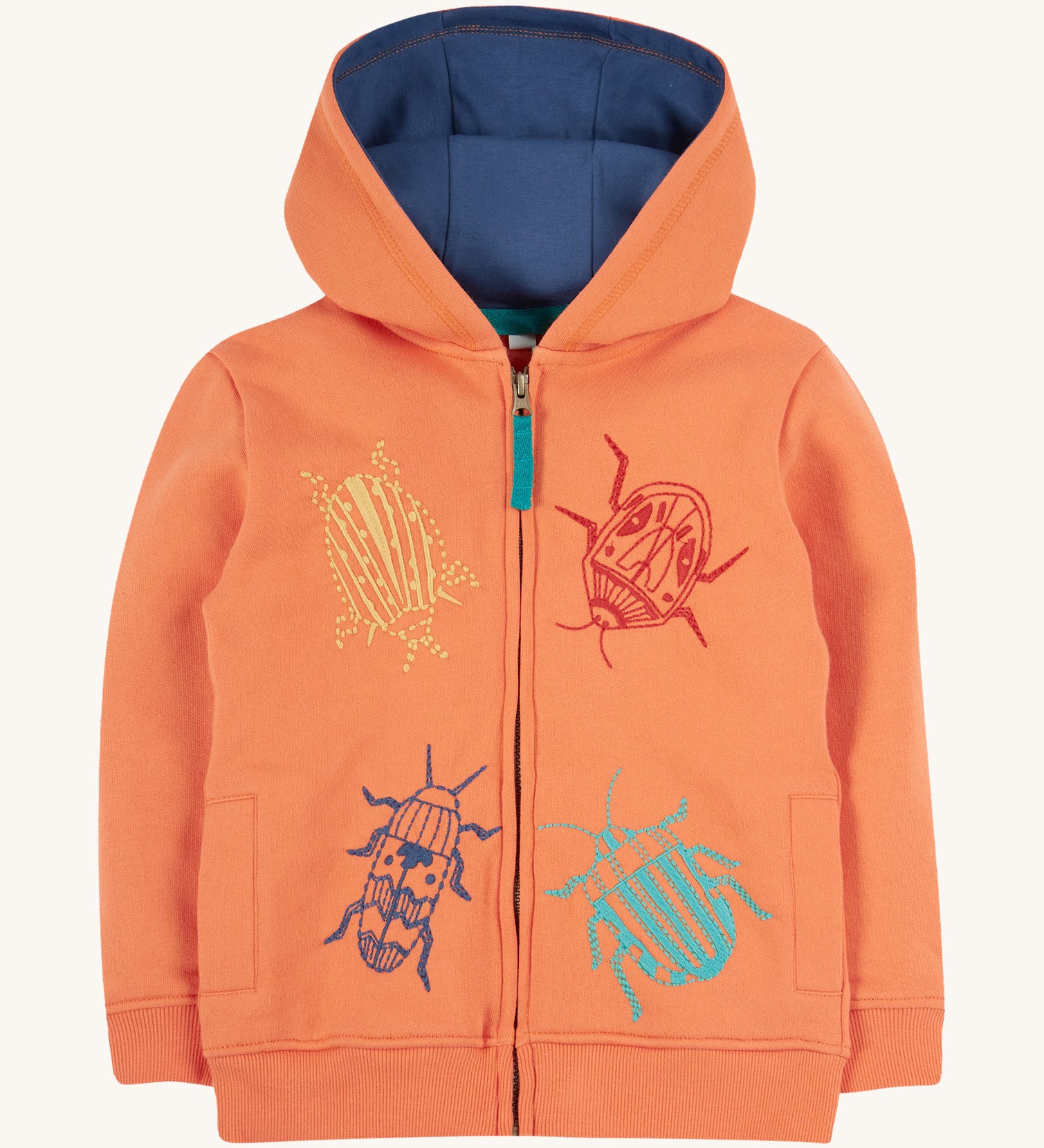 Frugi orange zip hoodie beetles design on a cream background.