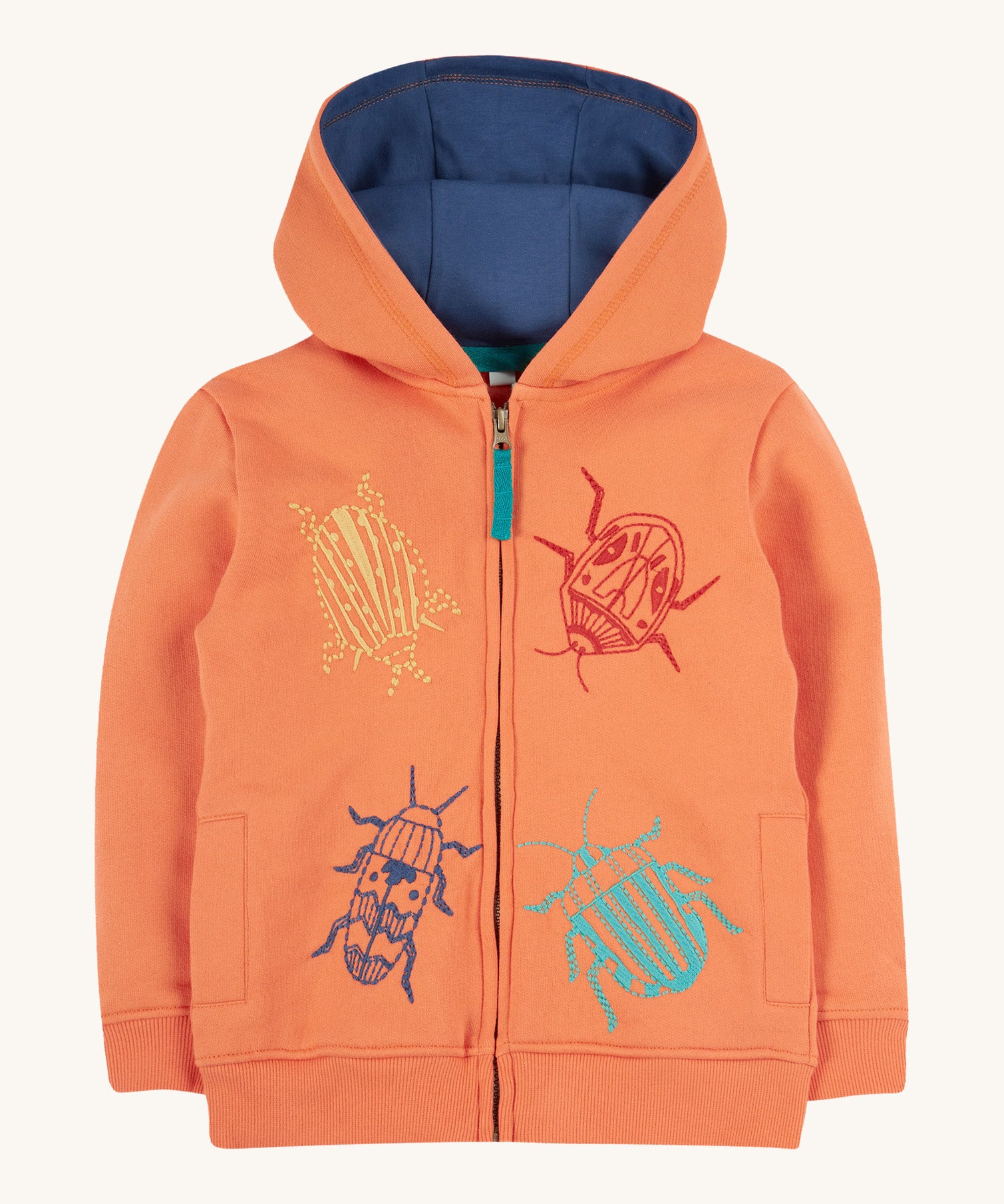 Frugi orange zip hoodie beetles design on a cream background.