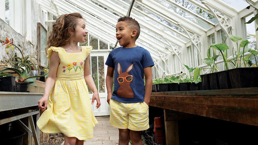 boy and girl wearing Frugi clothes