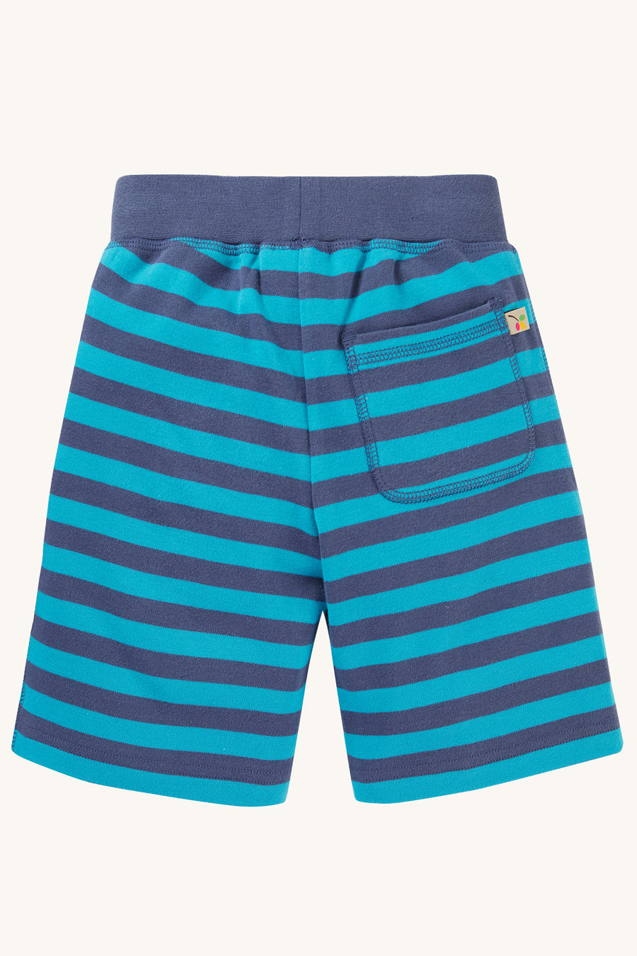 A closer view of the stripe detail and stitching on the Frugi Children Organic Cotton Ellis Shorts - Tropical Sea / Navy Stripes. A super soft organic cotton these light aqua blue and navy striped shorts have a comfy elasticated waistband and two handy po