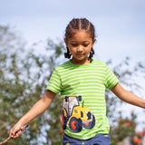 Achild wearing the Frugi kids sid t-shirt - GOTS organic cotton kids short sleeve t-shirt in green and white stripe with a yellow tractor appliqué to the left side