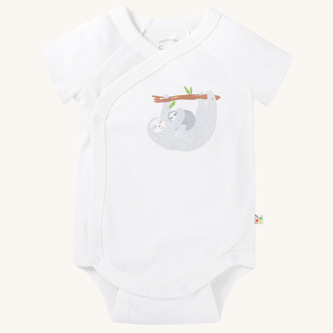 A closer view of the playful sloth image on the Frugi Sleepy Sloths Shay Bodysuit