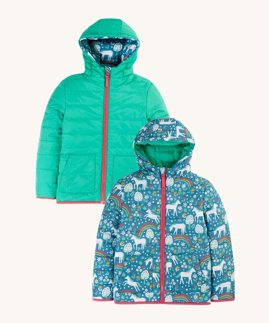 Frugi Reversible Toasty Trail Jacket - Wild Horses, in a bright turquoise colour and a beautiful horse print