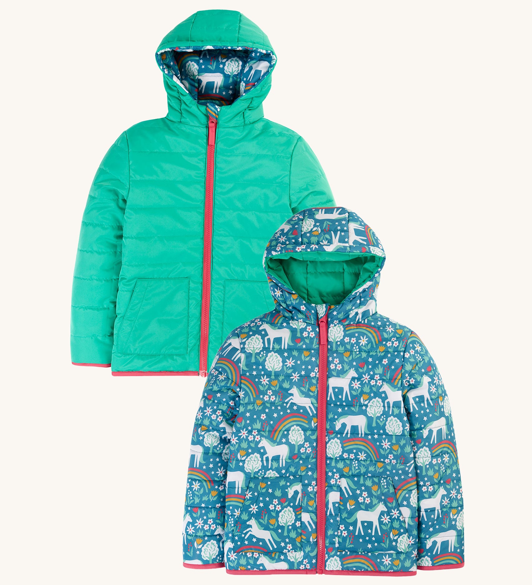 Frugi Reversible Toasty Trail Jacket - Wild Horses, in a bright turquoise colour and a beautiful horse print