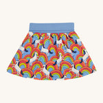 Frugi kids over the rainbow spring skort. - GOTS organic cotton kids skort with a multicoloured rainbow and white horse design with a light blue waist cuff.