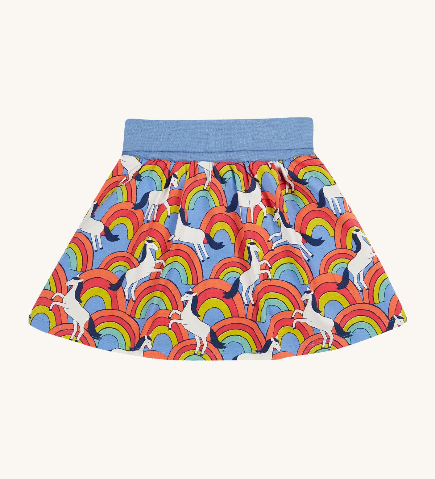 Frugi kids over the rainbow spring skort. - GOTS organic cotton kids skort with a multicoloured rainbow and white horse design with a light blue waist cuff.