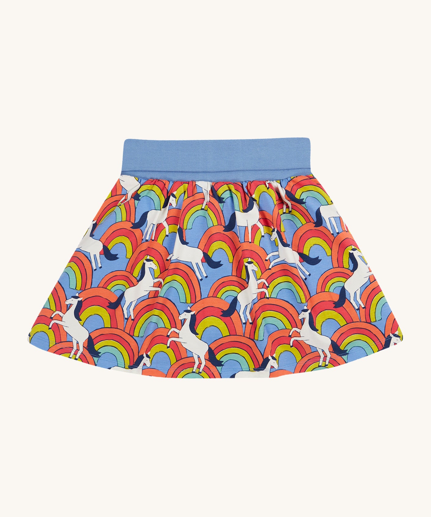 Frugi kids over the rainbow spring skort. - GOTS organic cotton kids skort with a multicoloured rainbow and white horse design with a light blue waist cuff.