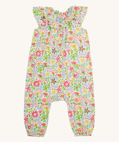 Frugi baby peony bunny bounce playsuit - GOTS organic cotton baby playsuit a gentle ruffle on the neck. Features a design of different grey bunnies and coloured flowers.