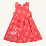 Frugi kids summer flamingo / flower dress - GOTS organic cotton Frugi kids sleeveless summer dress in pink with coral flowers all over the dress. Features a pink flamingo appliqué on the side of the dress