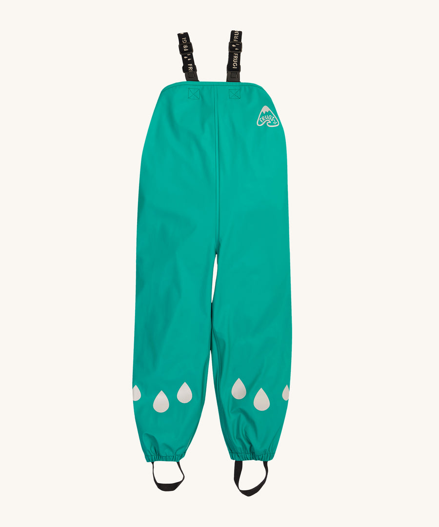 Frugi Children's Puddle Buster Trousers - Iguana Turquoise with adjustable shoulder straps, and reflective raindrop print by the ankles