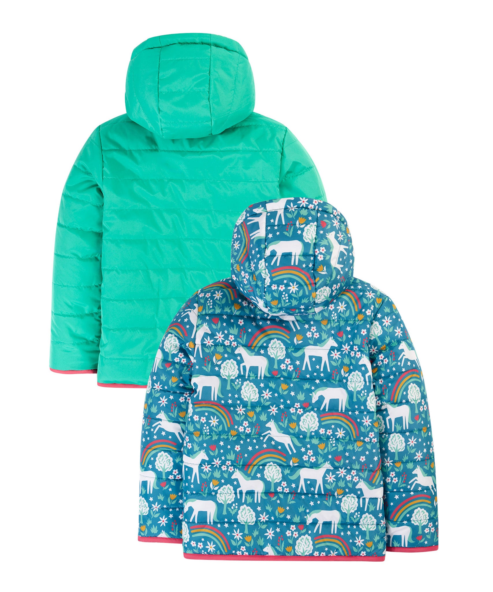 A closer look at the horse and flower print and arm sleeves on the Frugi Reversible Toasty Trail Jacket - Wild Horses