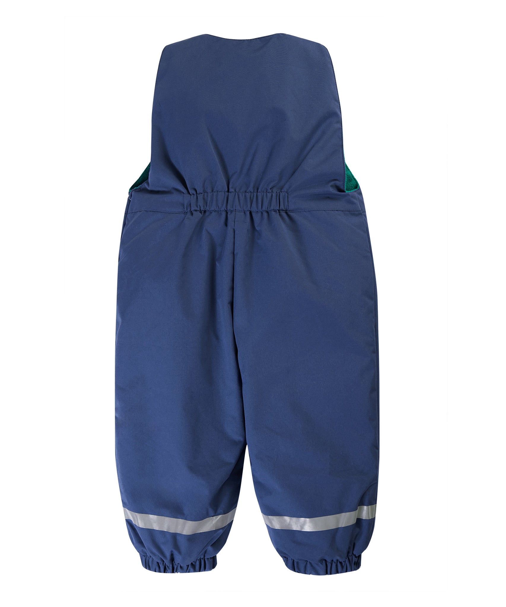 A child outside wearing the Frugi Children's Little Waterproof Dungarees - Navy Blue