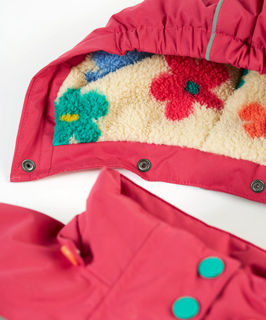 A closer look at the inside of the Frugi Rambler 3 in 1 Coat - Snapdragon/Flower Pop