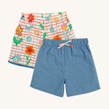 Frugi marigold reversible shorts, paint a floral / denim - GOTS organic cotton kids reversible shorts with a white and red check design on one side and denim on the other. Red check short features a floral design 