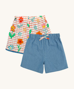 Frugi marigold reversible shorts, paint a floral / denim - GOTS organic cotton kids reversible shorts with a white and red check design on one side and denim on the other. Red check short features a floral design 