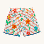 Frugi marigold reversible shorts, paint a floral / denim - GOTS organic cotton kids reversible shorts showing the white and red check shorts 