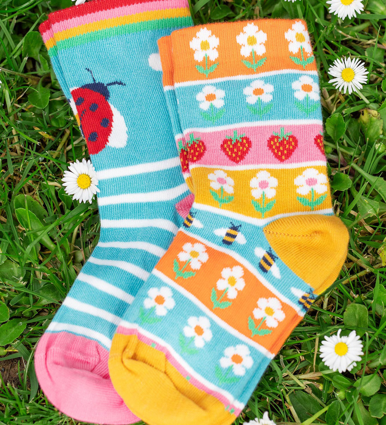 Frugi kids rock my socks strawberry bumblebee and flower design 