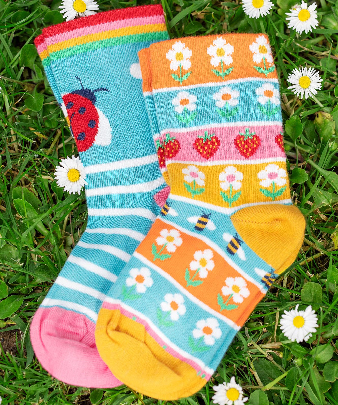 Frugi kids rock my socks strawberry bumblebee and flower design 