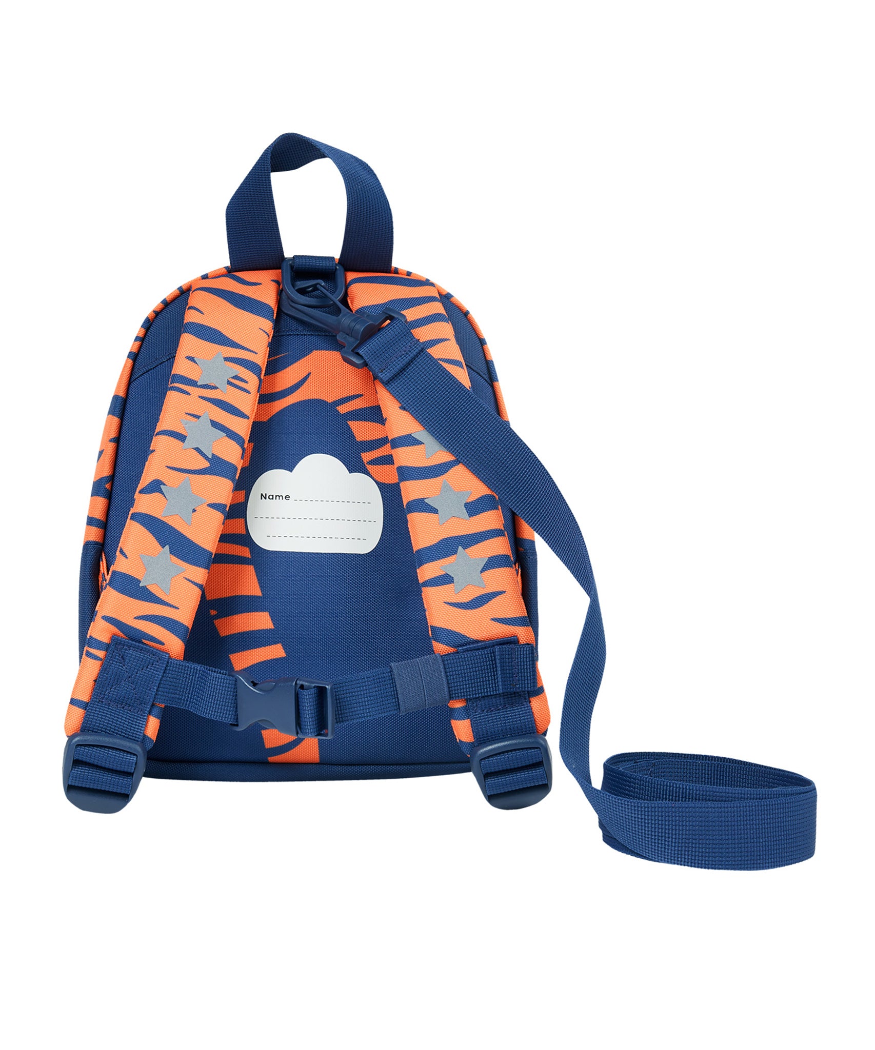 The Little Adventurers Backpack - Salamander/Tiger showing the rein attachment and the two zipper tabs