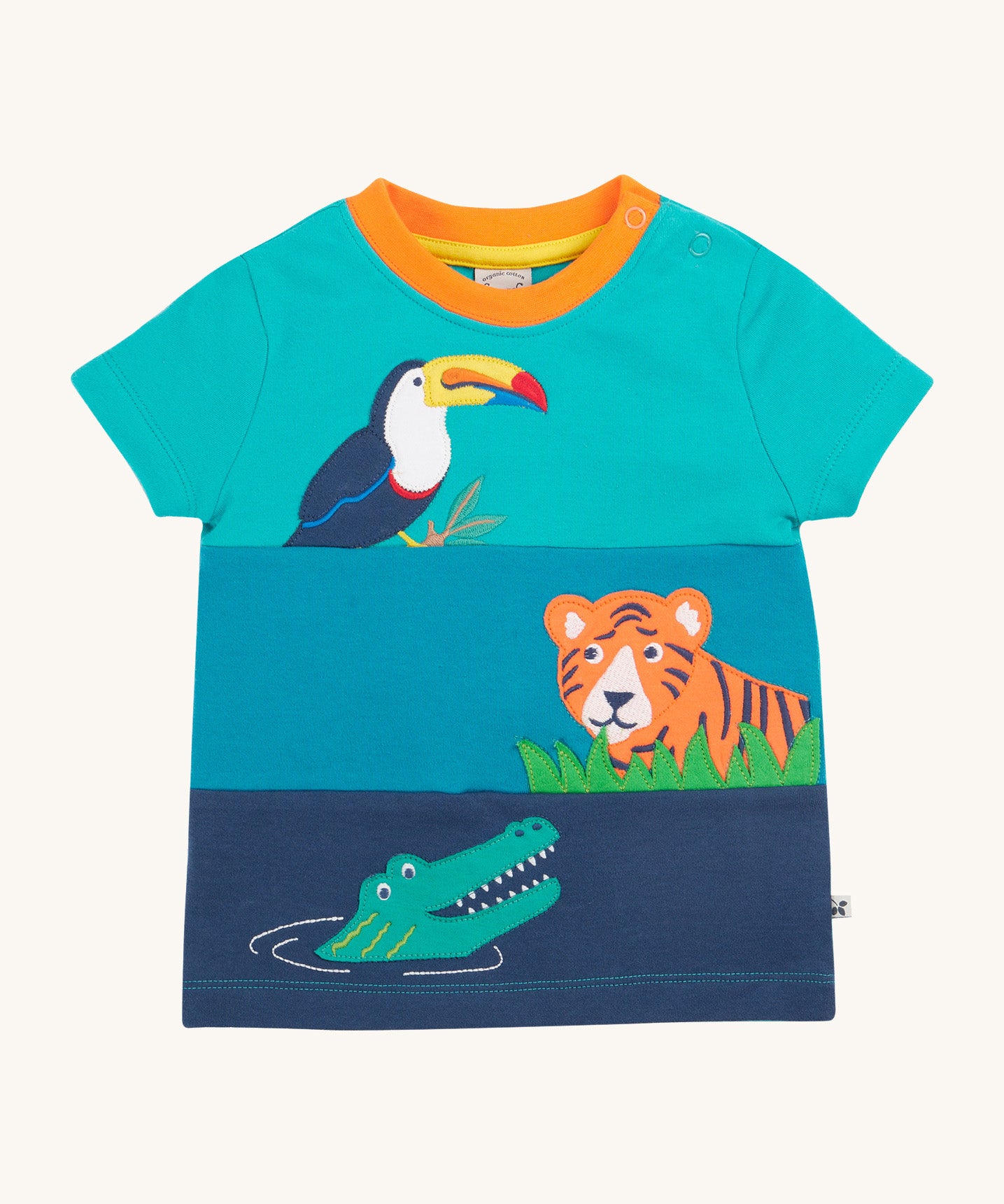 Frugi kids sea, land canopy short sleeve t-shirt - GOTS organic cotton Frugi kids t-shirt with different shades of blue, short sleeve and orange neck trim. Features a crocodile, tiger and toucan apppliue and 2 shoulder popper fasteners for easy fitting. 