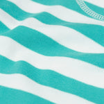 Close up of the Frugi kids sunny sea moss short - showing the blue and white stripe print on organic cotton fabric