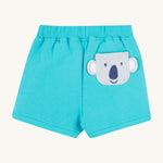 Frugi kids sea moss koala shorts - GOTS organic cotton kids shorts in light blue with yellow waist drawstring. Features a grey koala back pocket