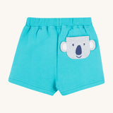 Frugi kids sea moss koala shorts - GOTS organic cotton kids shorts in light blue with yellow waist drawstring. Features a grey koala back pocket