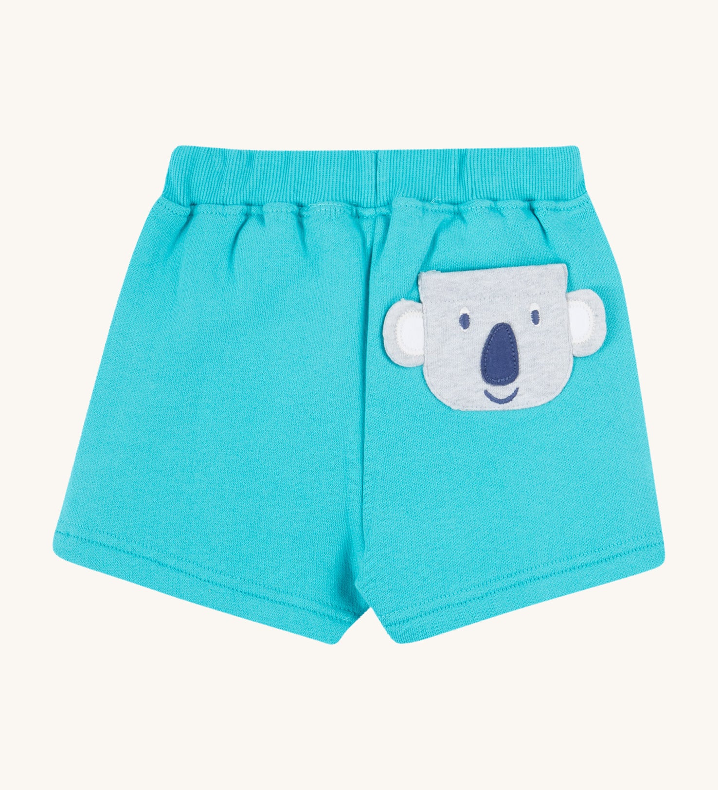 Frugi kids sea moss koala shorts - GOTS organic cotton kids shorts in light blue with yellow waist drawstring. Features a grey koala back pocket