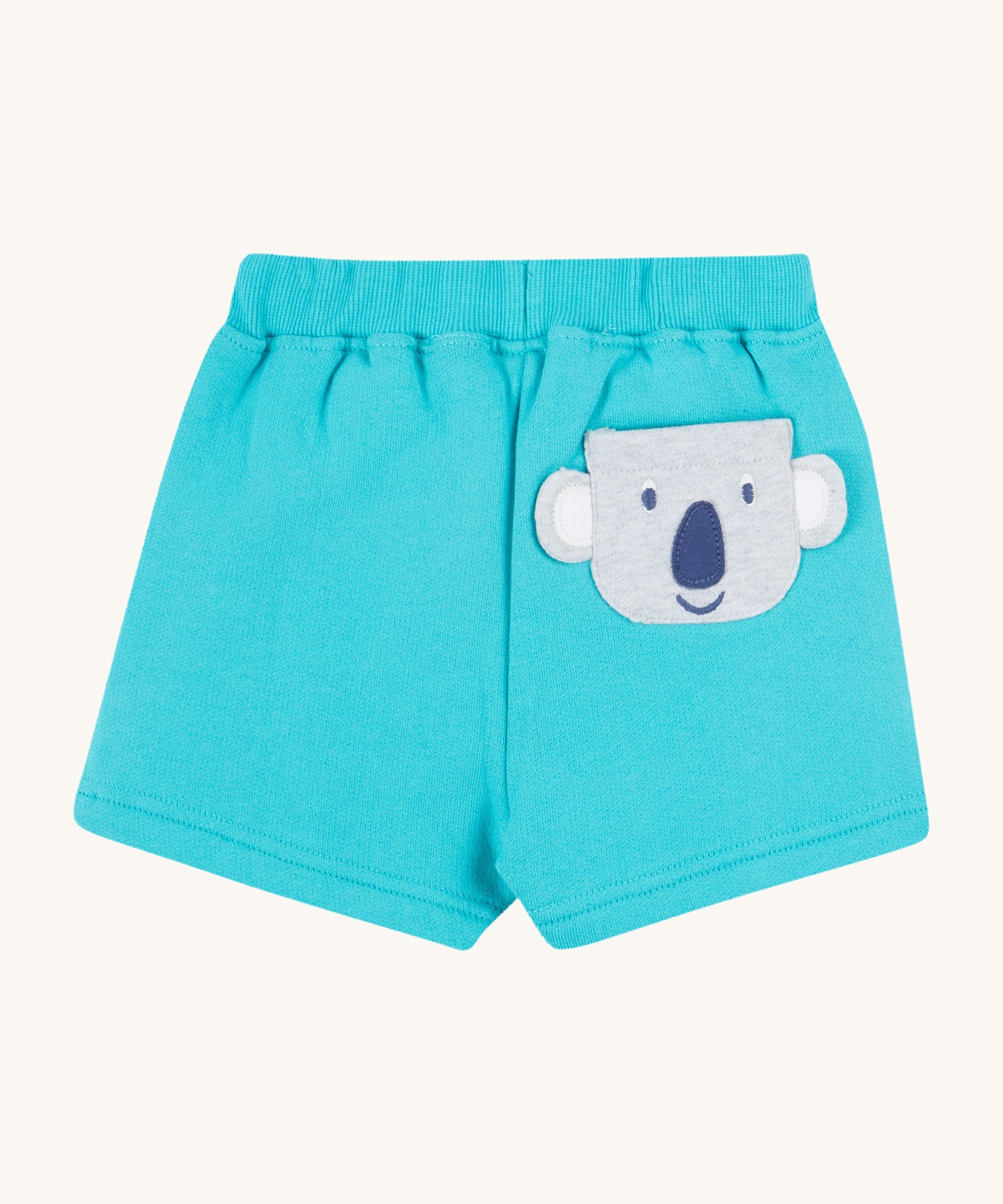 Frugi kids sea moss koala shorts - GOTS organic cotton kids shorts in light blue with yellow waist drawstring. Features a grey koala back pocket