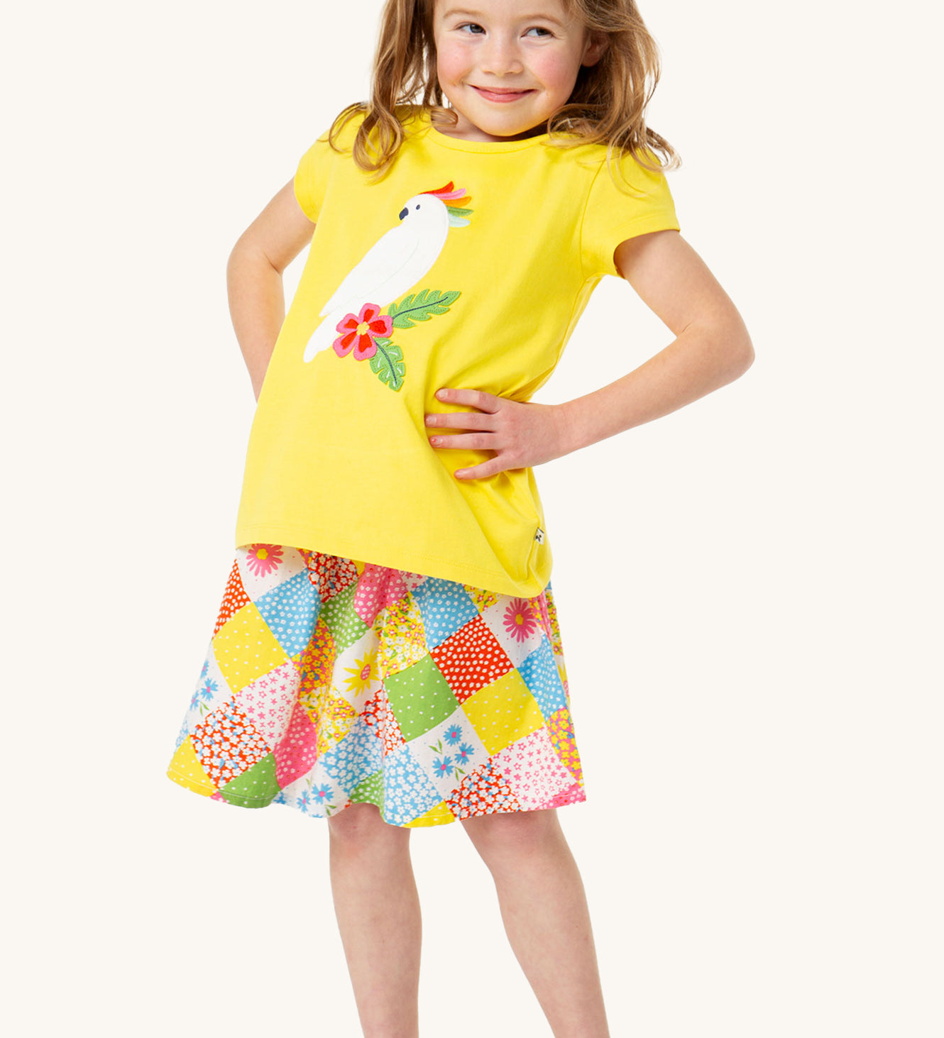  organic cotton Frugi T-Shirt for children features a gorgeous cockatoo applique with a colourful rainbow crest