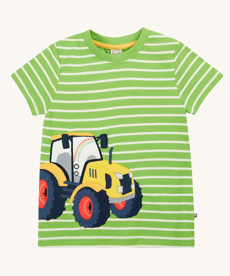 Frugi kids sid t-shirt - GOTS organic cotton kids short sleeve t-shirt in green and white stripe with a yellow tractor appliqué to the left side