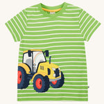 Frugi kids sid t-shirt - GOTS organic cotton kids short sleeve t-shirt in green and white stripe with a yellow tractor appliqué to the left side