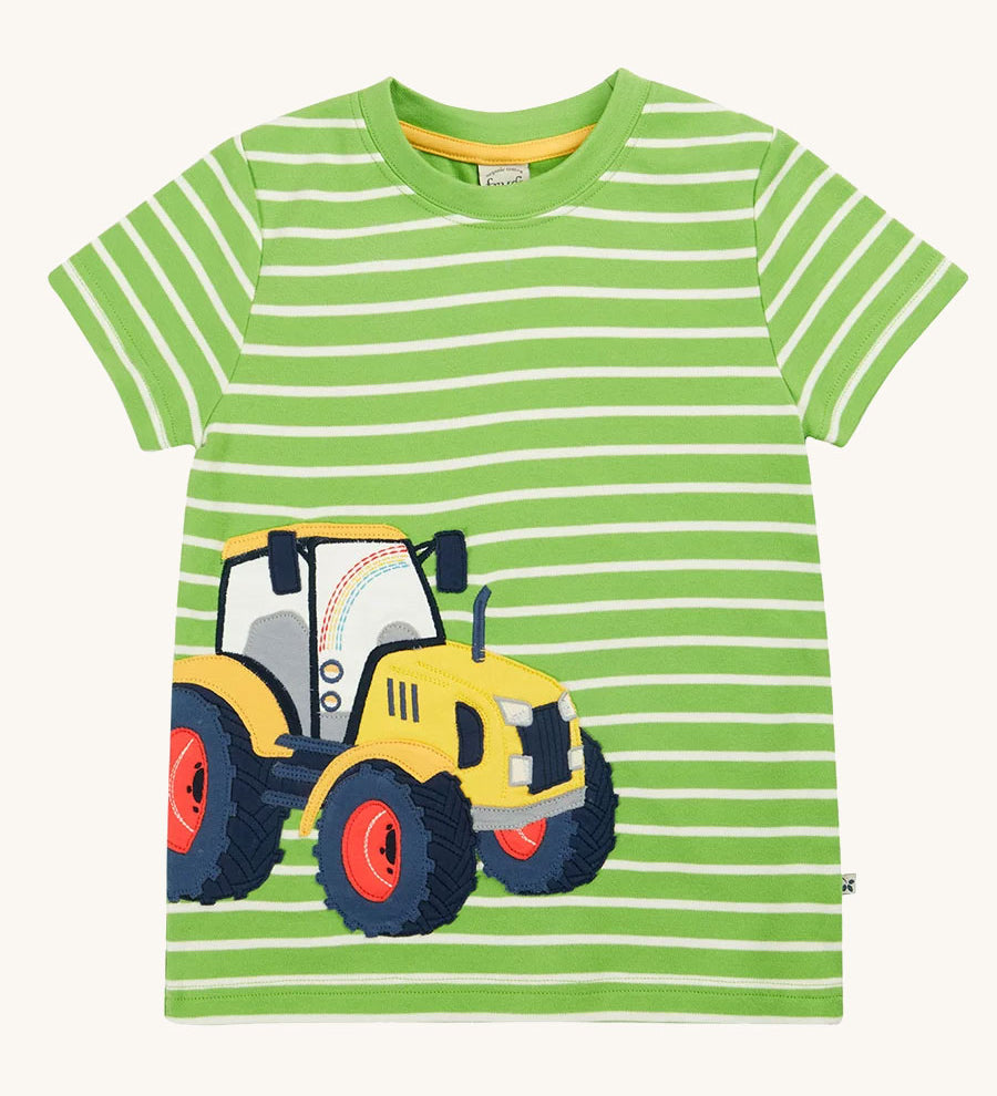 Frugi kids sid t-shirt - GOTS organic cotton kids short sleeve t-shirt in green and white stripe with a yellow tractor appliqué to the left side