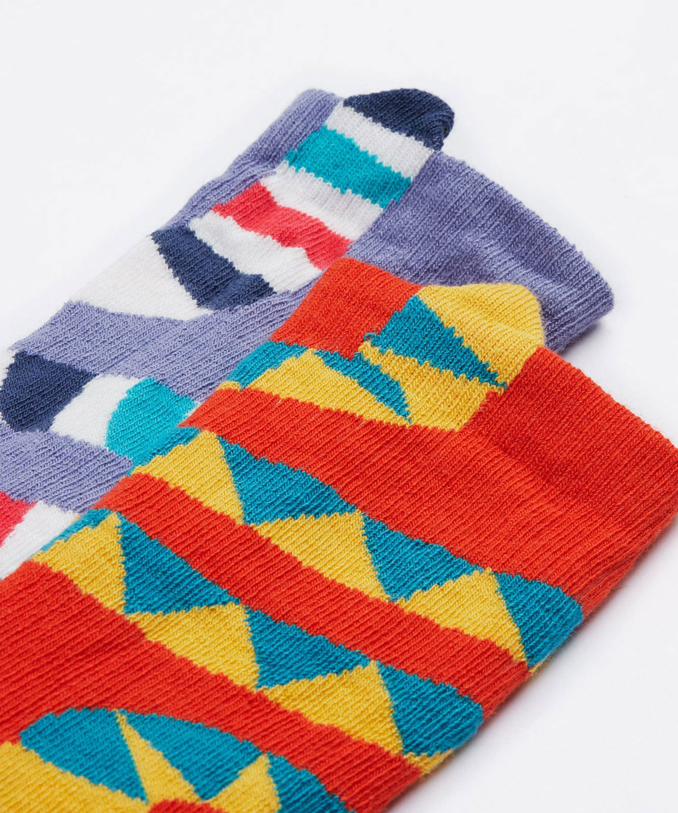 A close up of the Frugi kids character kids sock. Showing the ankle cuffs with the yellow snake and lemur tail on a orange and purple organic cotton fabric