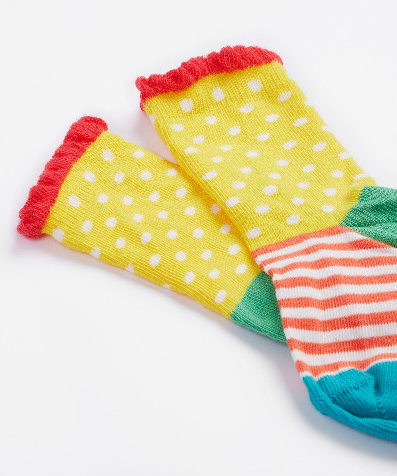 A close up of the Frugi kids Freya sock. Showing the yellow spotted sock with a striped design and light pink frill on organic cotton fabric