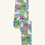 Frugi kids bunny bounce libby leggings - GOTS organic cotton kids light purple leggings folded. Features a flower and rainbow design with white bunny rabbits. 