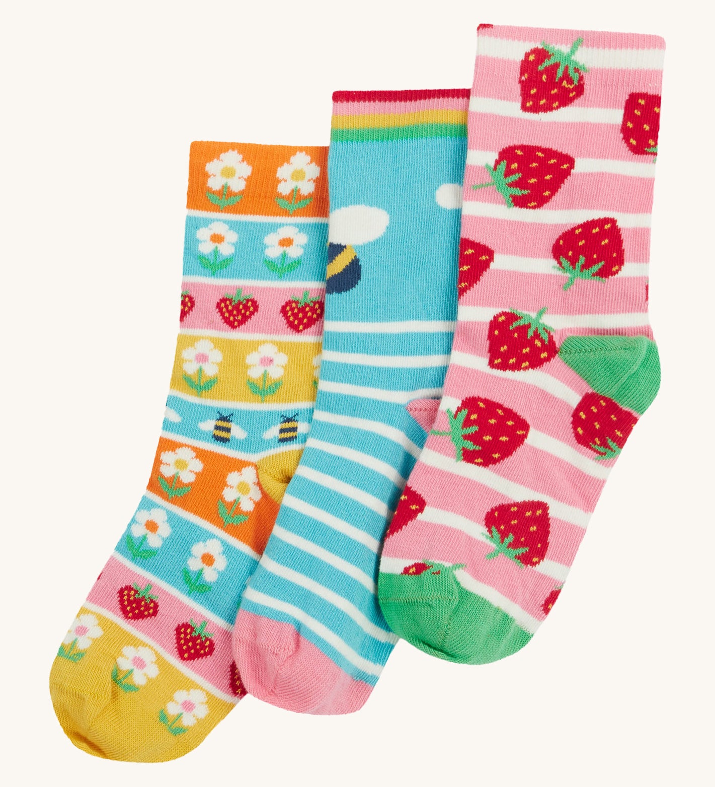 Frugi kids rock my socks strawberry bumblebee and flower design on a cream background.