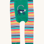 Frugi baby knitted lemur leggings - GOTS organic cotton baby knitted leggings with multicoloured stripes  and stars on the green waist and leg cuff. Features a lemur design on a green panel on the front. 