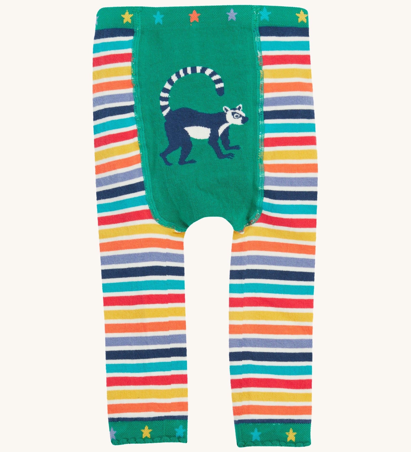 Frugi baby knitted lemur leggings - GOTS organic cotton baby knitted leggings with multicoloured stripes  and stars on the green waist and leg cuff. Features a lemur design on a green panel on the front. 