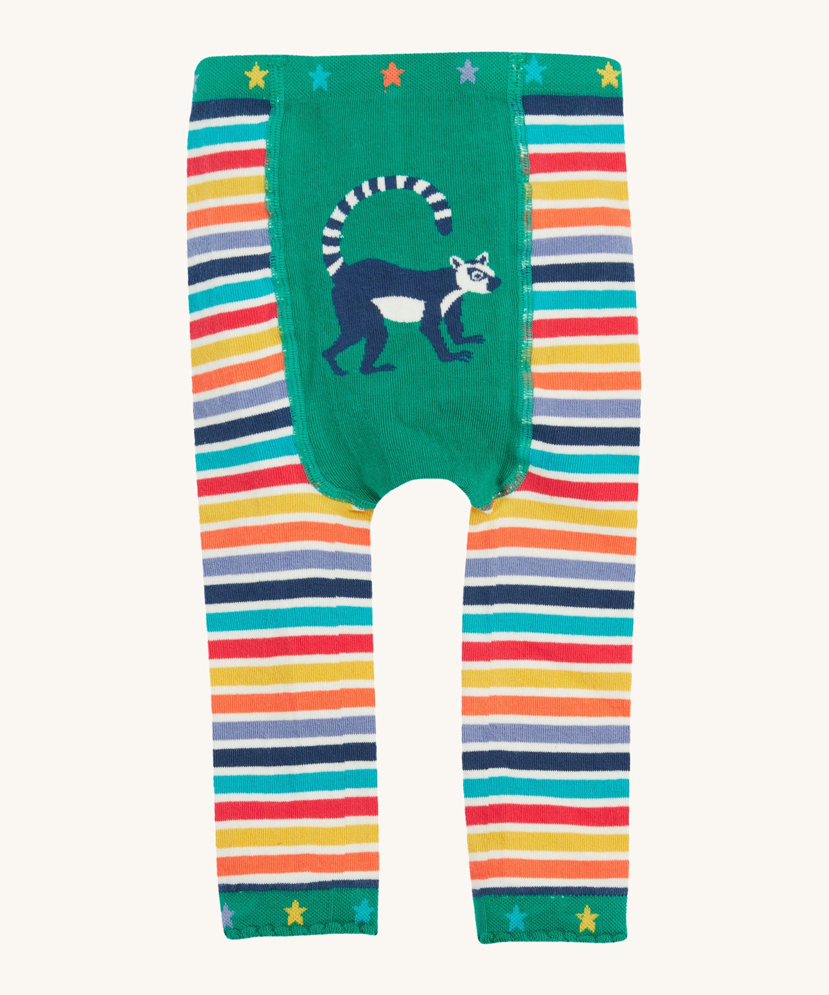 Frugi baby knitted lemur leggings - GOTS organic cotton baby knitted leggings with multicoloured stripes  and stars on the green waist and leg cuff. Features a lemur design on a green panel on the front. 