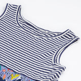 Close up of the Frugi kids summer holiday dress lemur laughs. Showing the sleeveless and neck detail on navy and white stripe organic cotton fabric. 