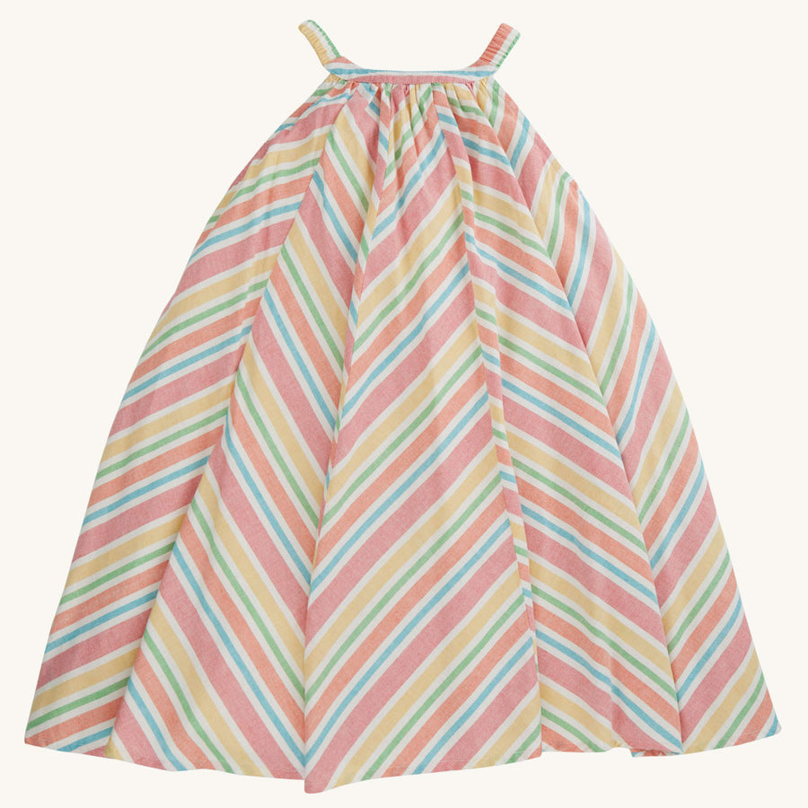 close up of the rainbow coloured stripes on the Frugi Tallulah Beach Stripe Trapeze Dress 